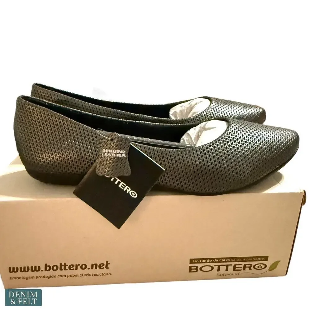 Bottero Venezia Metal Pewter Leather Flats Women’s Size 8 Comfort‎ Shoes NEW